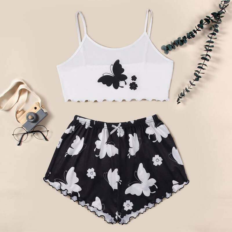

Butterfly Print Cami Pajama Set, Black and white