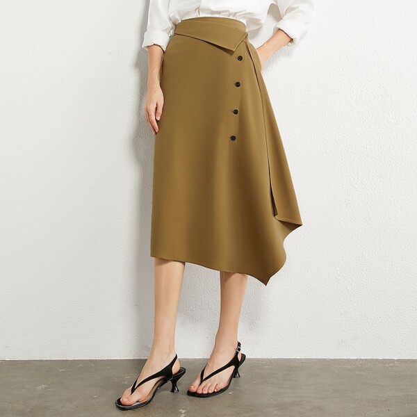 

Fold Detail Button Front Asymmetrical Hem Skirt, Camel