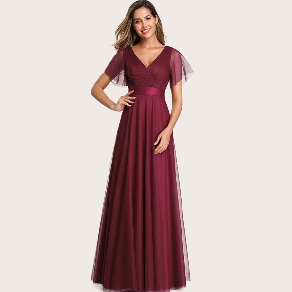

Low Back Surplice Neck Ruched Mesh Prom Dress, Burgundy