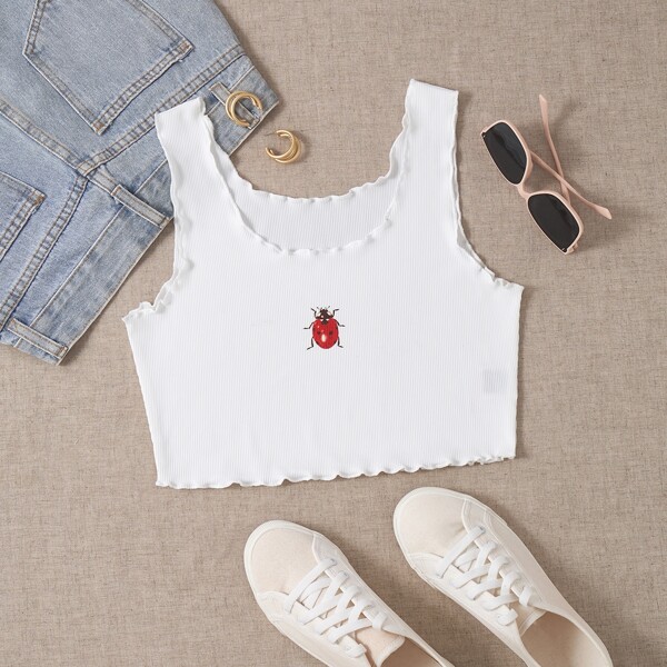 

Ladybug Print Lettuce Trim Crop Tank Top, White