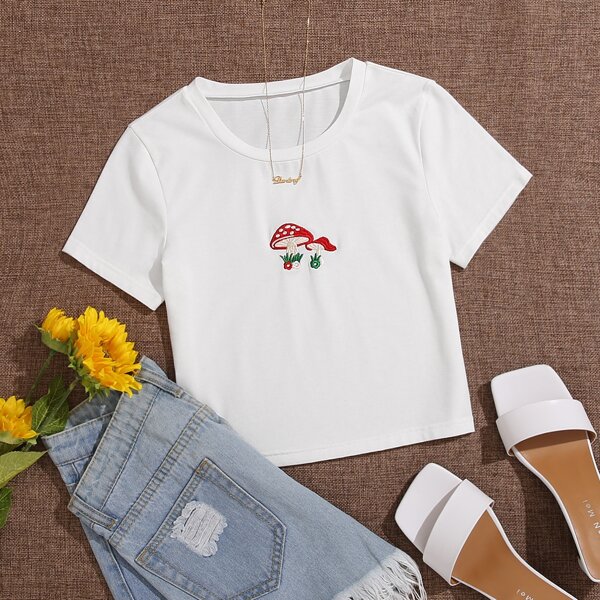 

Mushroom Embroidery Crop Tee, White