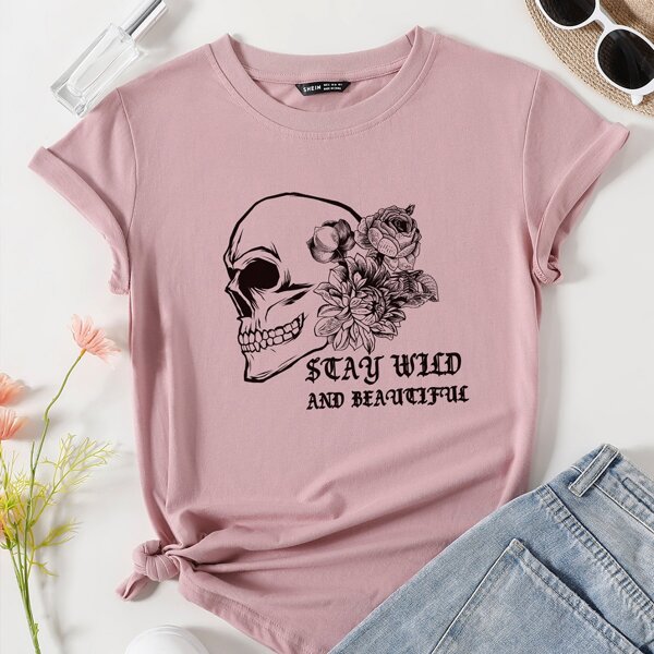 

Skull And Letter Graphic Tee, Dusty pink