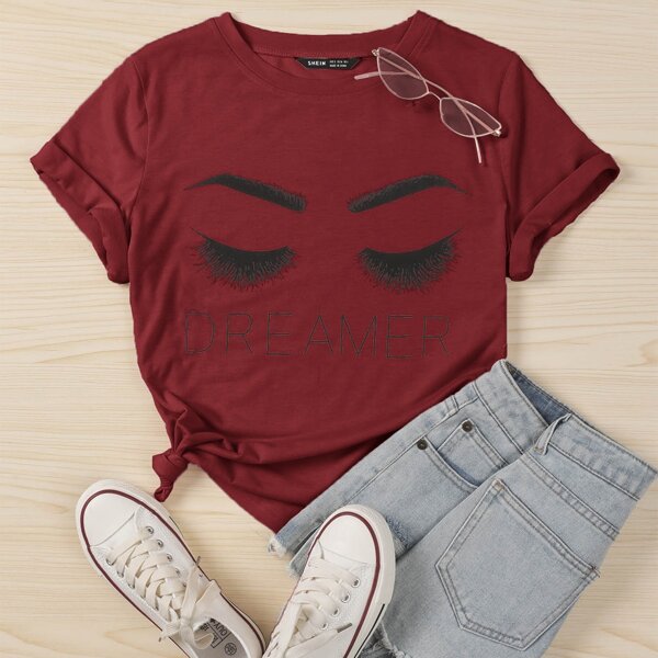 

Eyebrow & Letter Graphic Tee, Burgundy