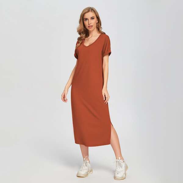 

Split Side Batwing Sleeve Tee Dress, Red