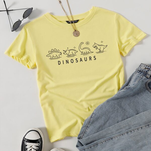 

Cartoon Dinosaur & Letter Graphic Tee, Yellow