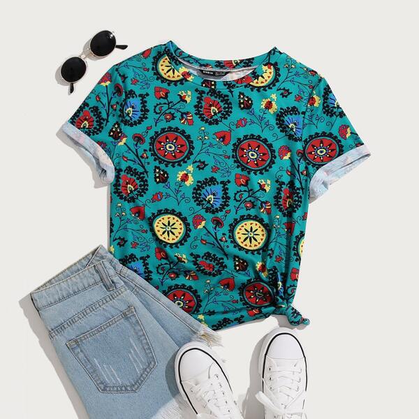 

Floral Print Short Sleeve Tee, Multicolor
