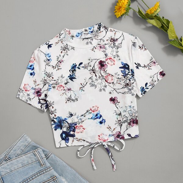 

Floral Print Backless Crop Tee, White