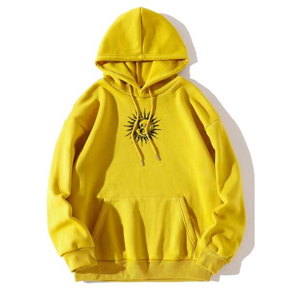 

Moon And Sun Print Kangaroo Pocket Drawstring Hoodie, Yellow