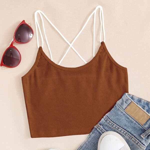 

Criss Cross Back Ribbed Cami Top, Coffee brown
