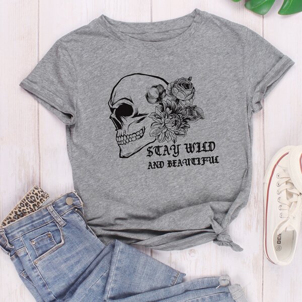 

Skull And Letter Graphic Tee, Grey
