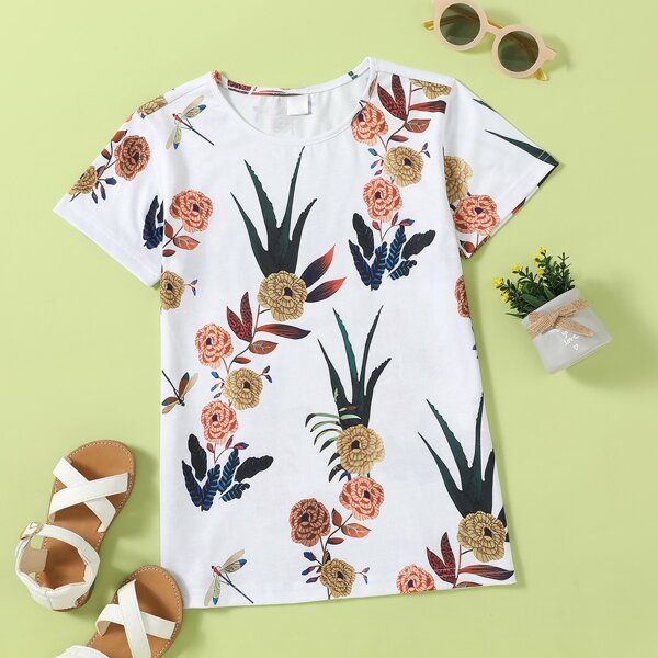 

Toddler Girls Floral Print Tee Dress, White