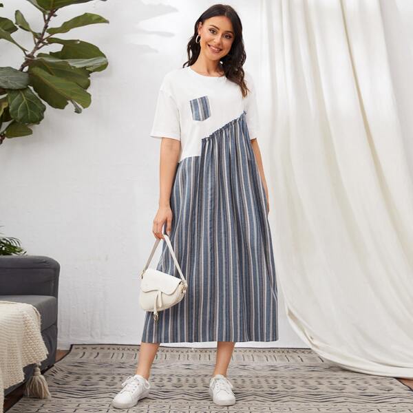 

Drop Shoulder Patch Pocket Striped Panel Dress, Multicolor