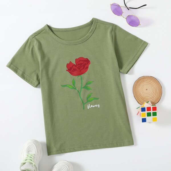 

Girls Floral And Letter Graphic Tee, Army green
