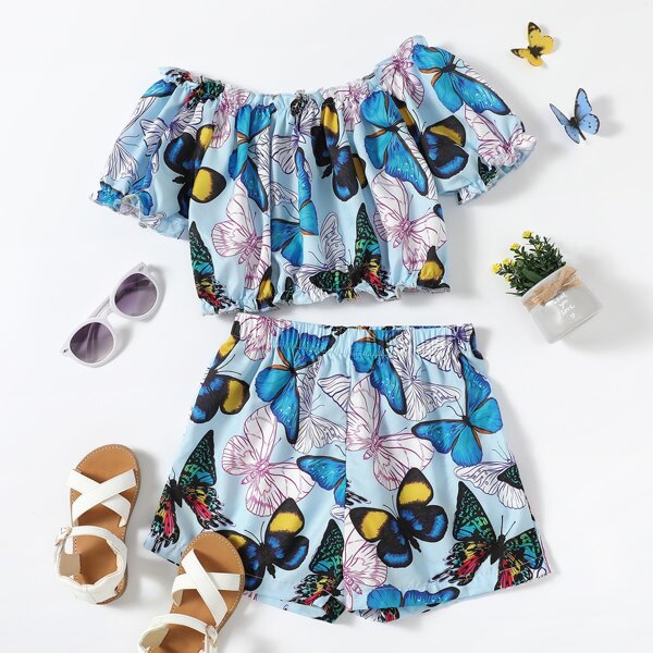 

Girls Butterfly Print Frill Trim Bardot Top With Shorts, Multicolor