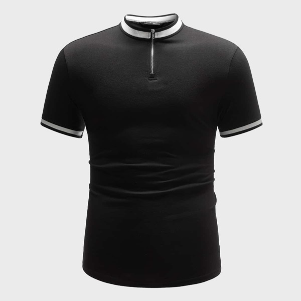 

Men Graphic Embroidery Striped Trim Half Zipper Placket Polo Shirt, Black