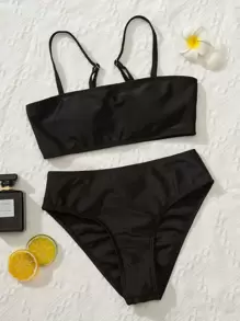 Conjunto de bikini con fruncidos para niña preadolescente, verano playa - Negro - Ver 1