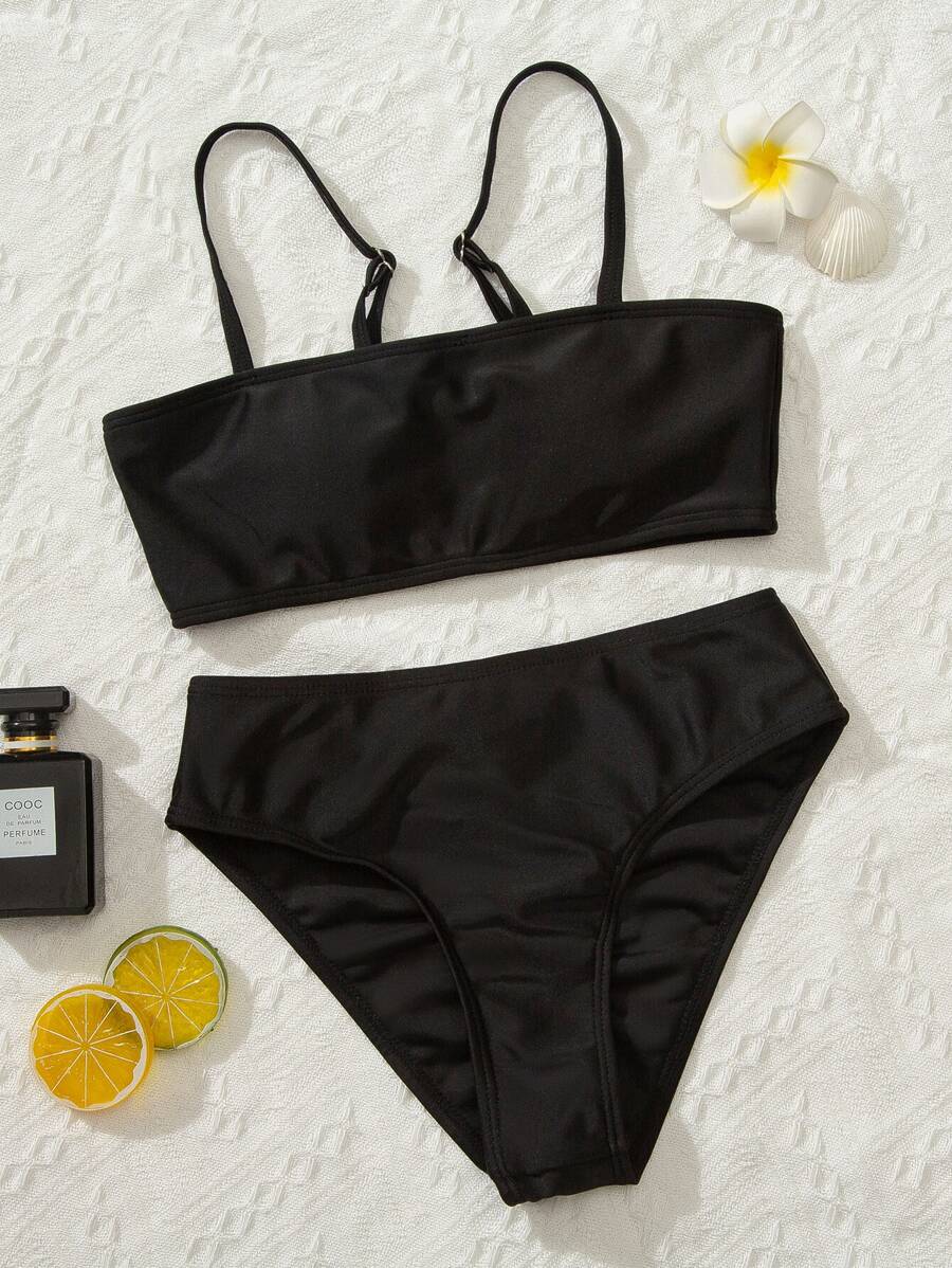 Conjunto de bikini con fruncidos para niña preadolescente, verano playa - Negro - Ver 1