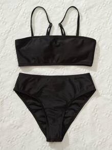 Conjunto de bikini con fruncidos para niña preadolescente, verano playa - Negro - Ver 5