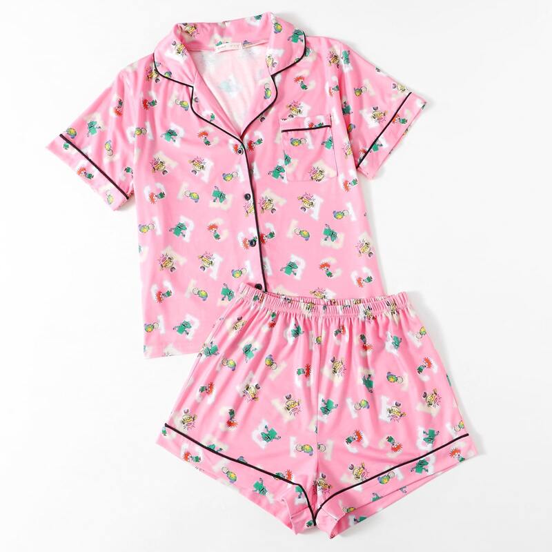 

Cartoon Print Button Front Pajama Set, Multicolor