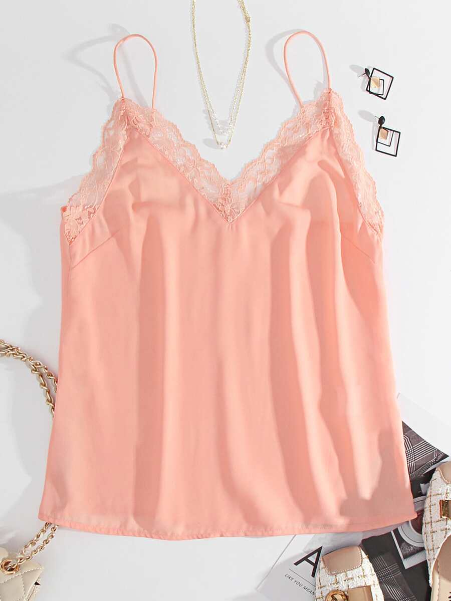 Top de tirantes con ribete de encaje - Rosa coral - Ver 1
