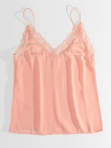 Top de tirantes con ribete de encaje - Rosa coral - Ver 3