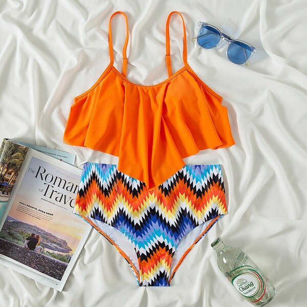 

Geometric Print Ruffle Hem Bikini Swimsuit, Multicolor