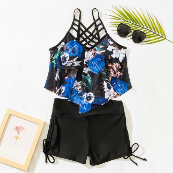 

Floral Lattice Flounce Bikini Swimsuit, Multicolor