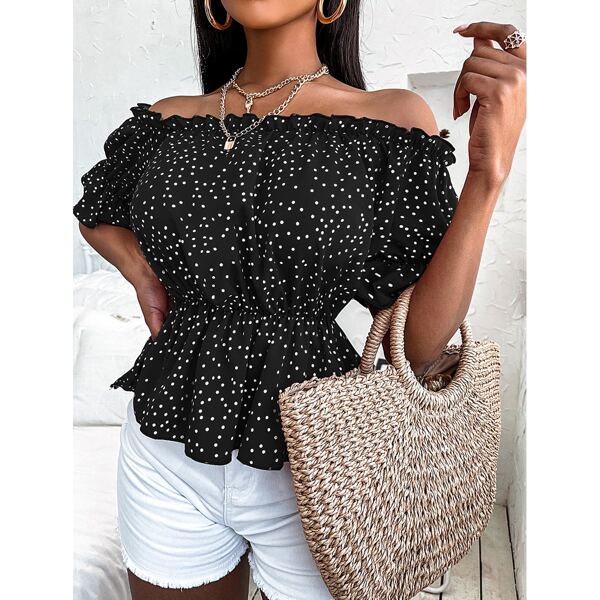 

Polka Dot Off The Shoulder Crop Blouse, Black