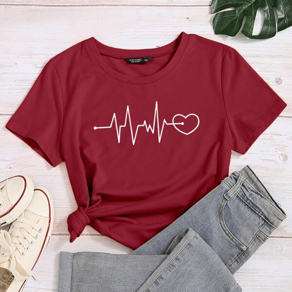 

Plus Heart And ECG Graphic Tee, Burgundy