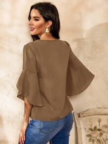 Solid Flounce Sleeve Blouse - Mocha Brown - View 2