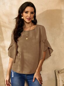 Solid Flounce Sleeve Blouse - Mocha Brown - View 4
