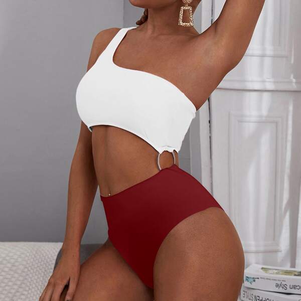 

Two Tone Ring Linked One Shoulder One Piece Swimsuit, Multicolor