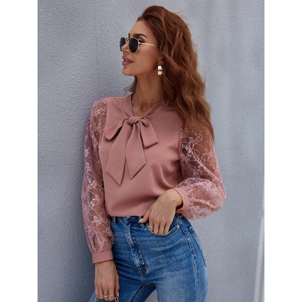 

Tie Neck Lace Panel Blouse, Dusty pink