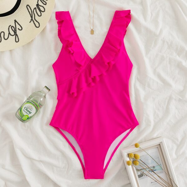 

Ruffle Trim One Piece Swimsuit, Hot pink