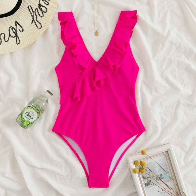 

Ruffle Trim One Piece Swimsuit, Hot pink