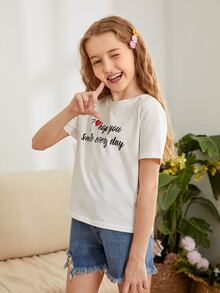 SHEIN Girls Heart & Slogan Graphic Tee - White - View 3