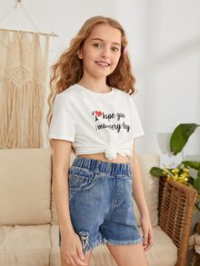 SHEIN Girls Heart & Slogan Graphic Tee - White - View 4