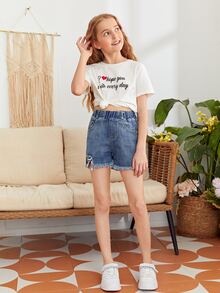 SHEIN Girls Heart & Slogan Graphic Tee - White - View 5