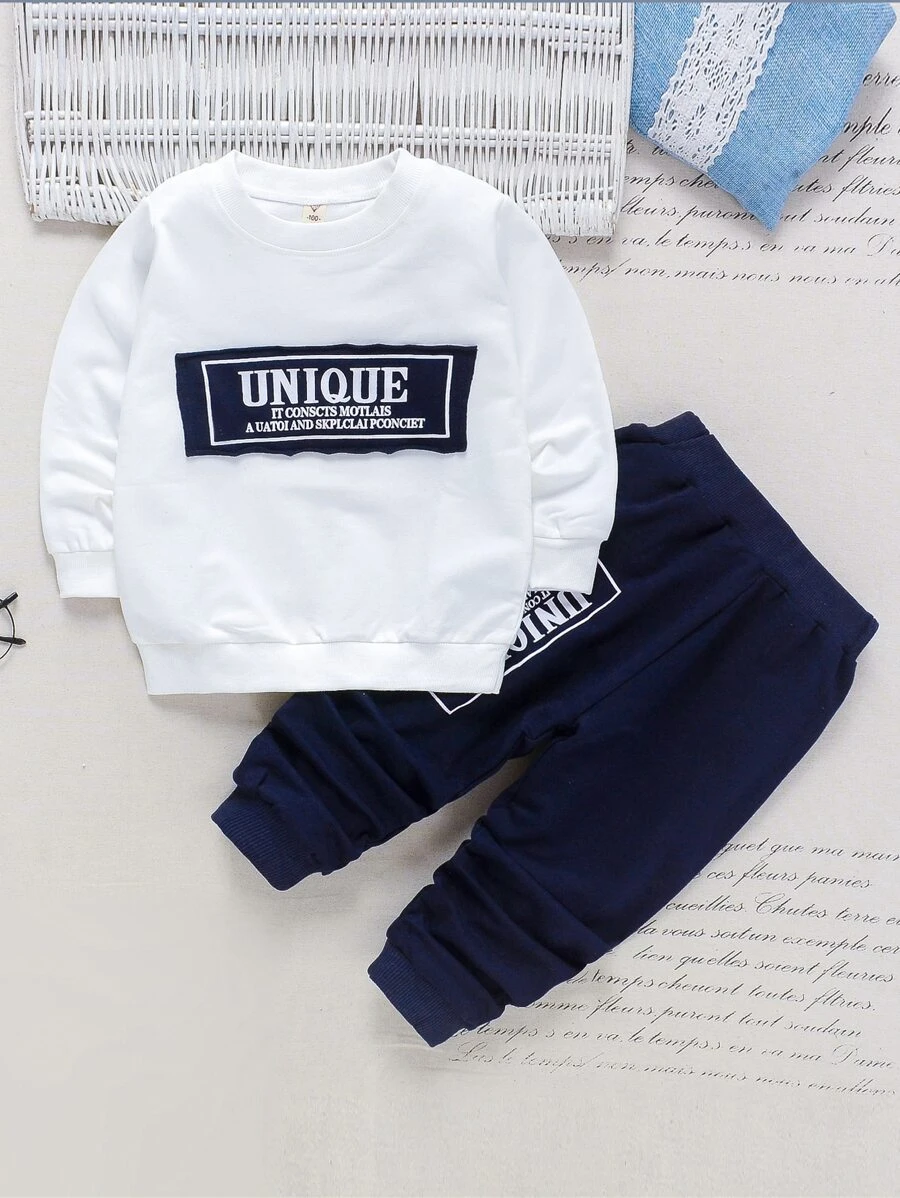SHEIN 男童口號拼接運動衫套裝 - 藍白色 - 查看 1