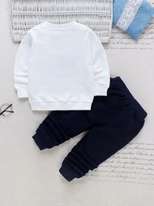 SHEIN 男童口號拼接運動衫套裝 - 藍白色 - 查看 2