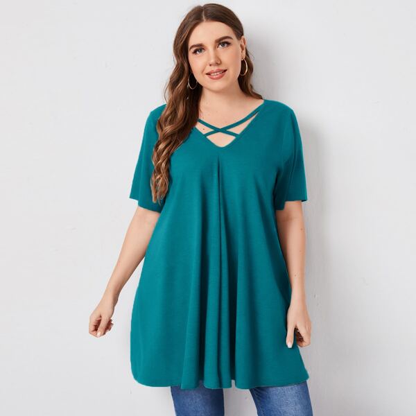 

Plus Criss-cross Long Tee, Teal blue