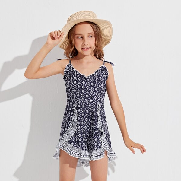 

Girls Knot Shoulder Ruffle Trim Allover Floral Cami Romper, Blue and white