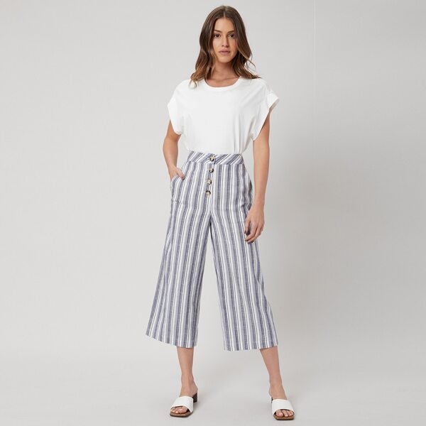 

LINEN CROPPED WIDE PANTS, Multicolor