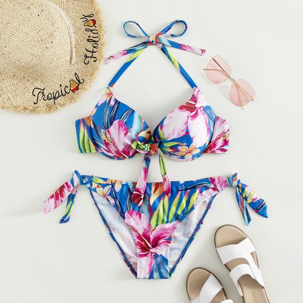 

Tropical Push Up Tie Side Bikini Swimsuit, Multicolor