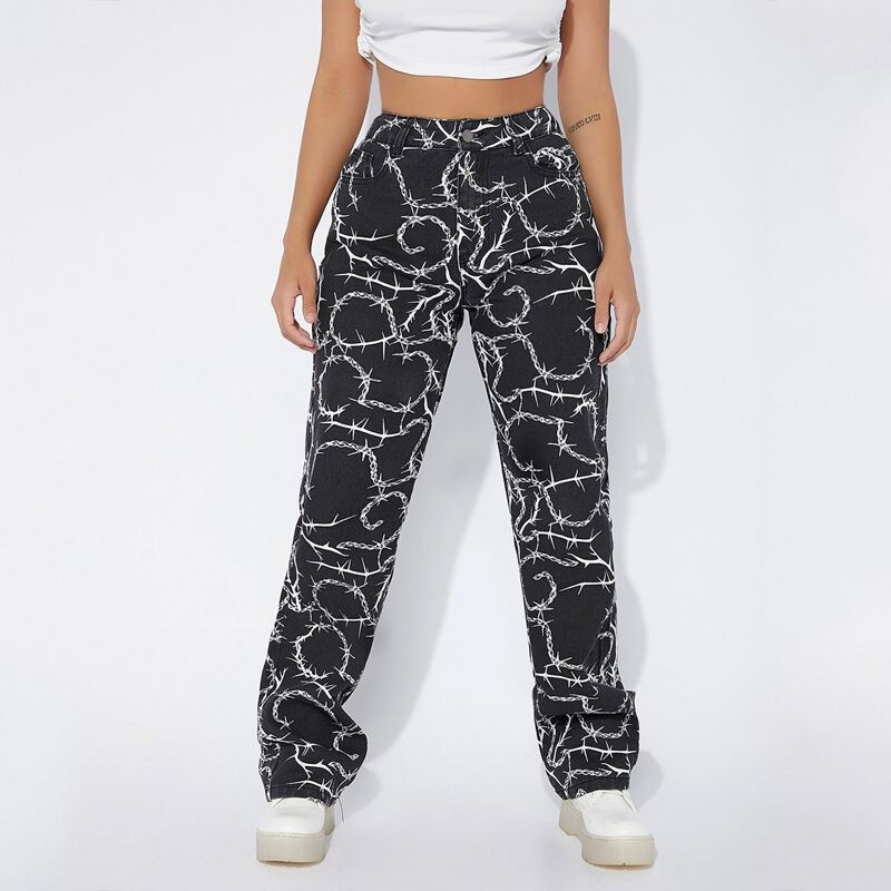 

High Waist Chain Print Jeans, Black and white