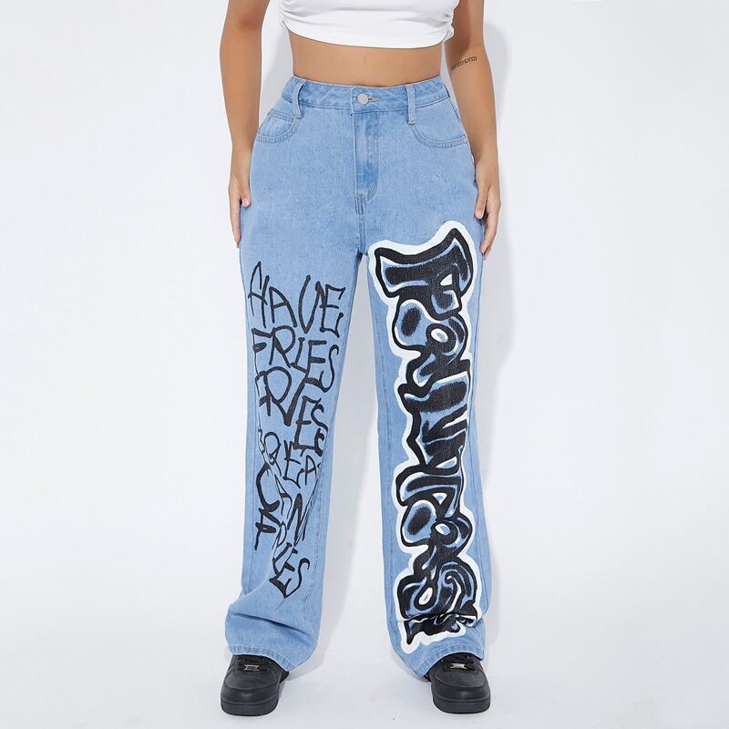 

High Waisted Letter Graphic Jeans, Light wash