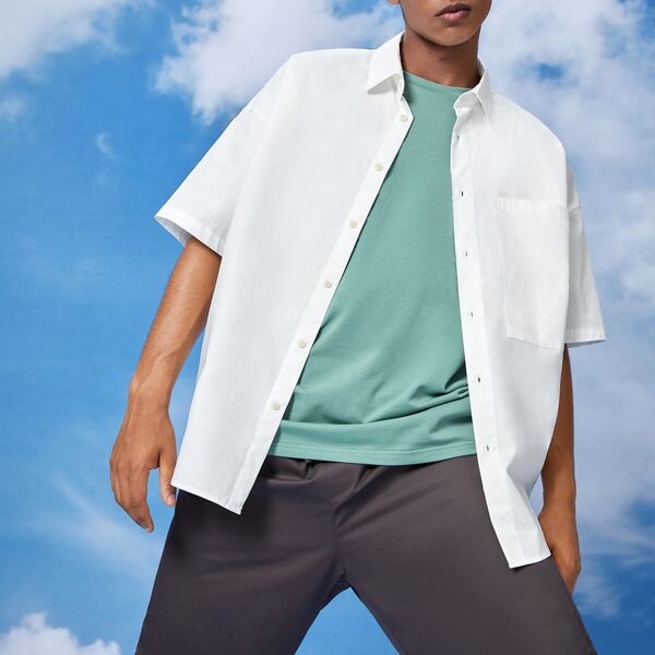 

Men Drop Shoulder Patch Pocket Shirt Without Tee, White