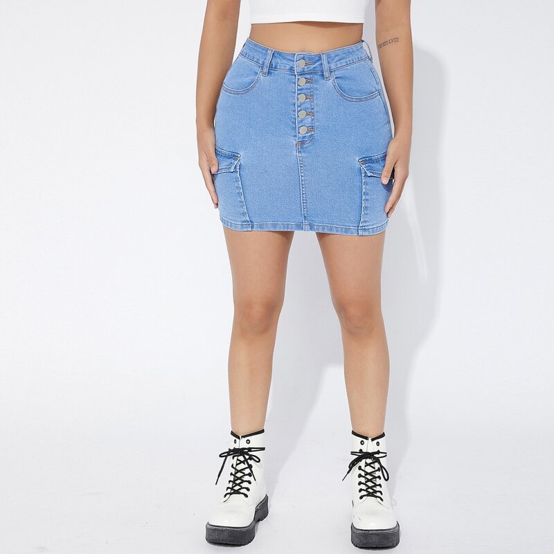 

Button Fly Flap Pocket Denim Skirt, Light wash