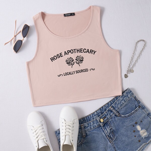 

Plus Letter And Floral Print Crop Tank Top, Apricot