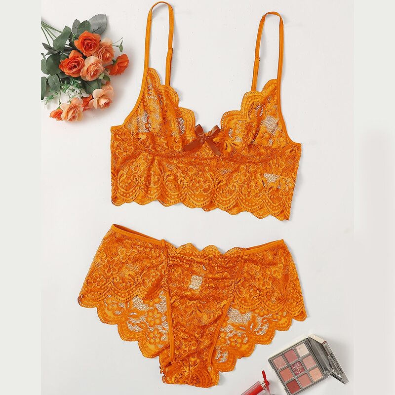 

Plus Floral Lace Scallop Trim Lingerie Set, Orange